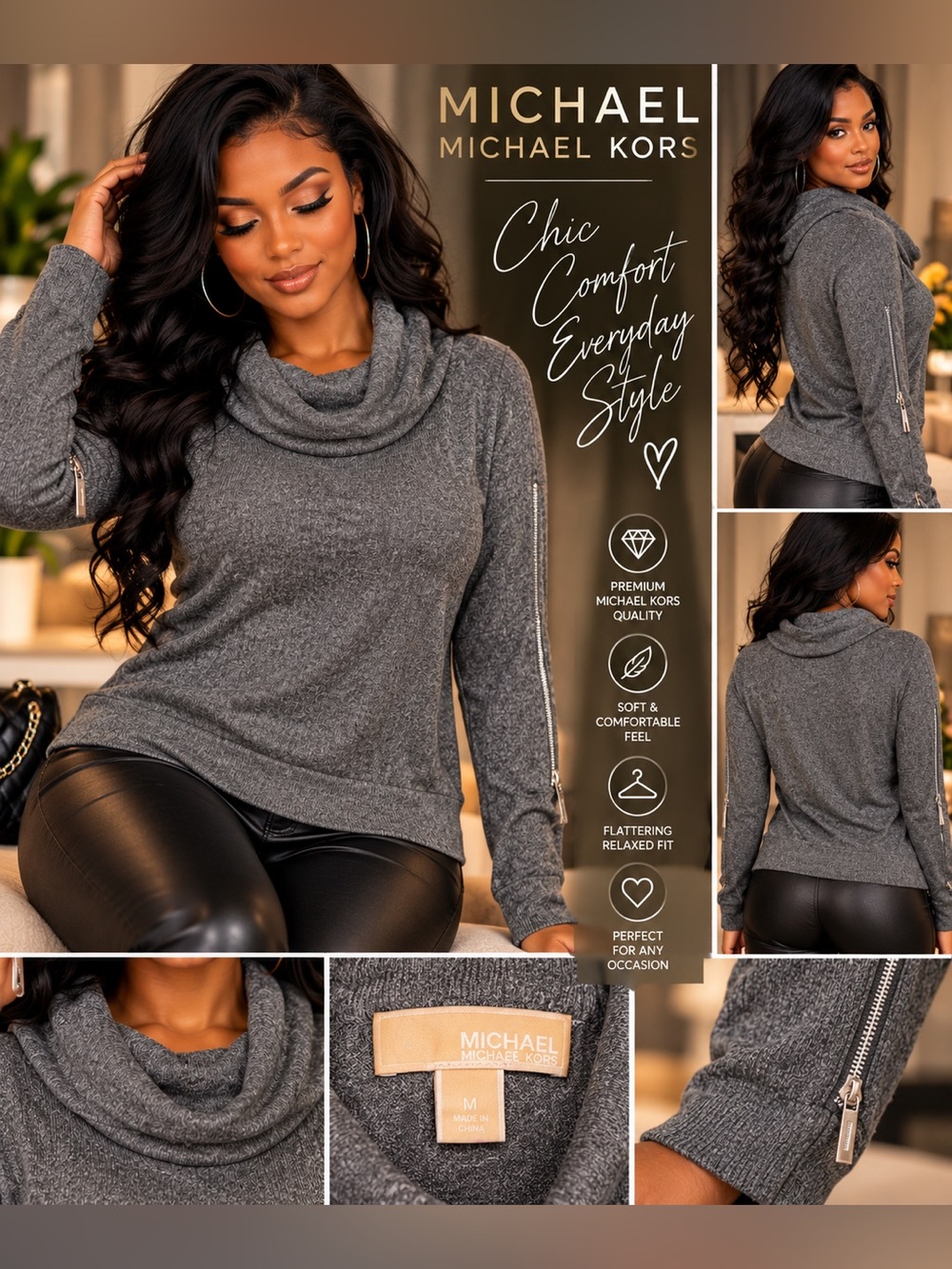 MICHAEL Michael Kors Women's Gray Cowl Neck Sweater/ w Zippers on the sleeves
